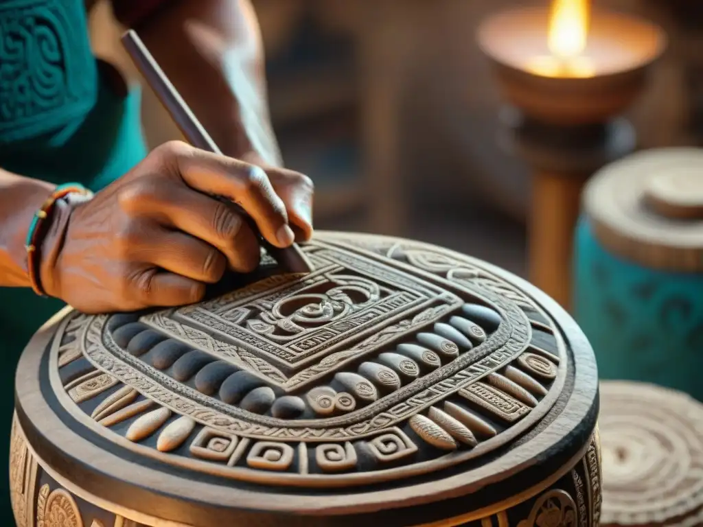 Un artesano azteca esculpe con destreza en un teponaztli, destacando el significado cultural de este instrumento