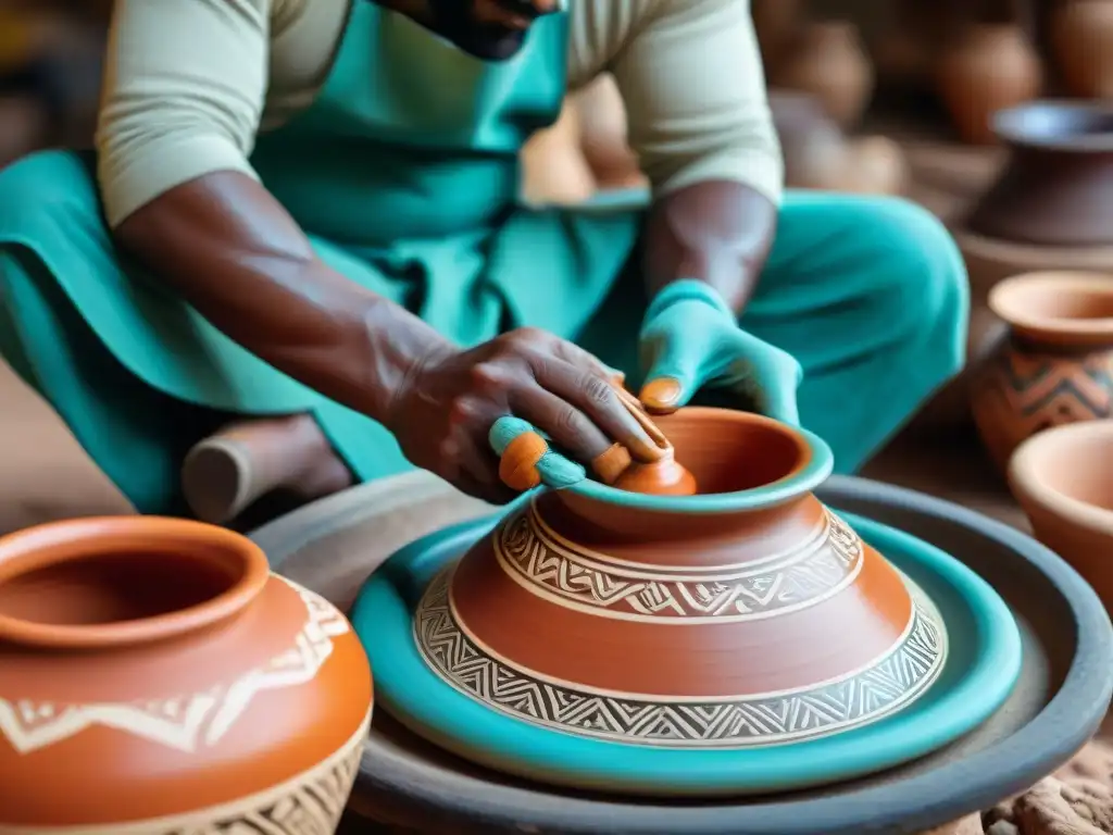 Un artesano moldea cerámica en un mercado vibrante, fusionando tradición y empoderamiento económico comunidades artesanas