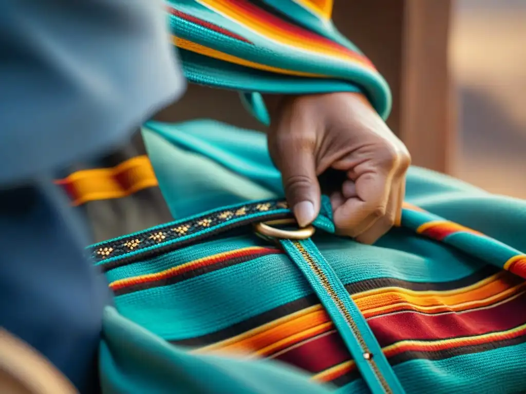 Artesano tejiendo cinturón navajo con colores vibrantes y patrones tradicionales