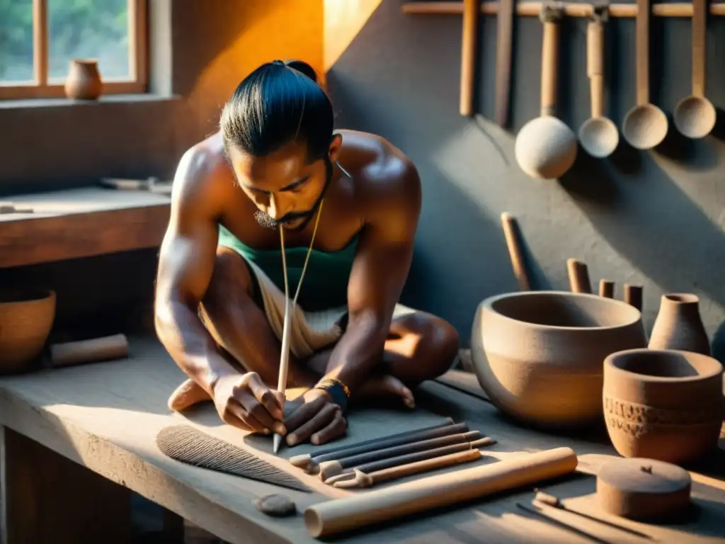 Un artesano contemporáneo de Mesoamérica elaborando aerófonos indígenas en su taller con técnicas ancestrales