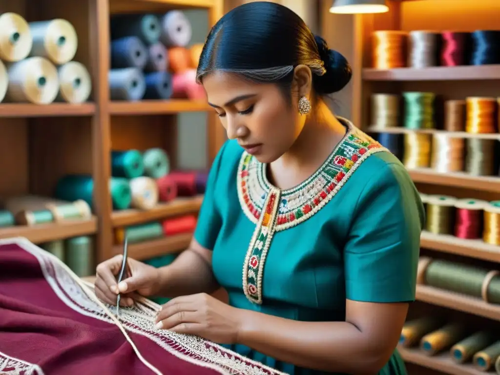 Un artesano restaura con destreza bordados en un traje indígena, rodeado de hilos y textiles históricos