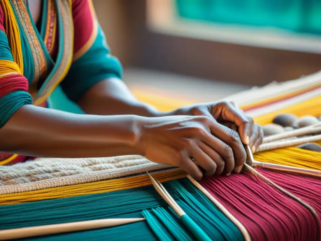 Un artesano teje con destreza hilos vibrantes en un textil indígena, mostrando técnicas centenarias