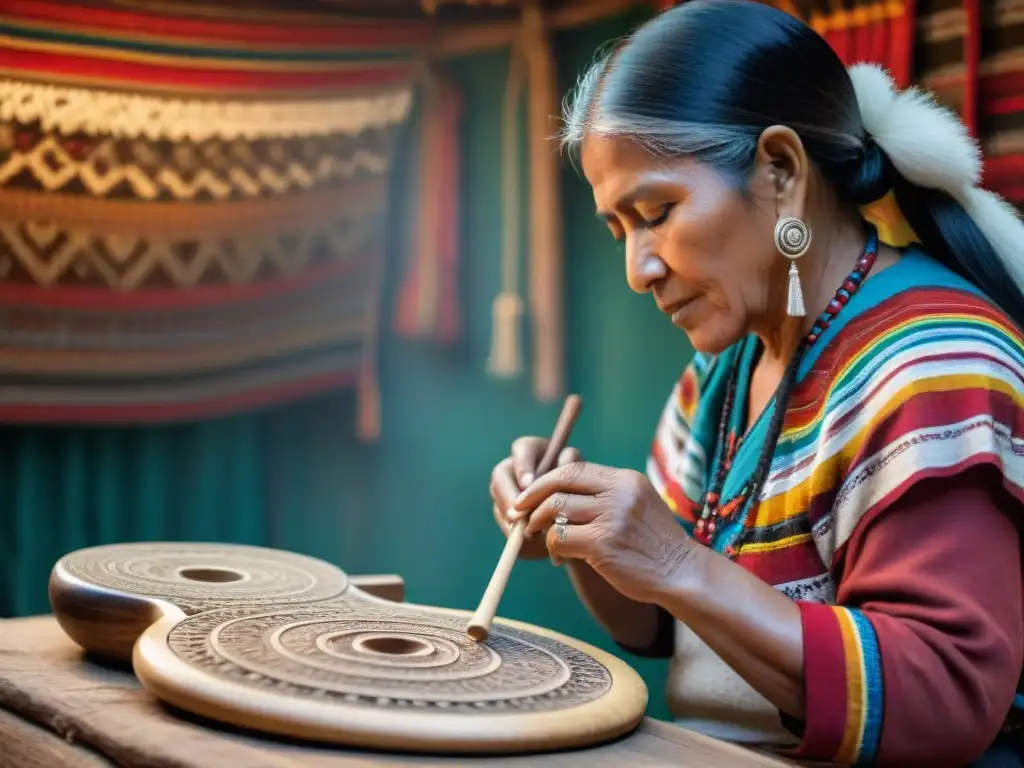 Artesano detallista tallando una lira Andina, destacando la historia y tradición de este instrumento musical