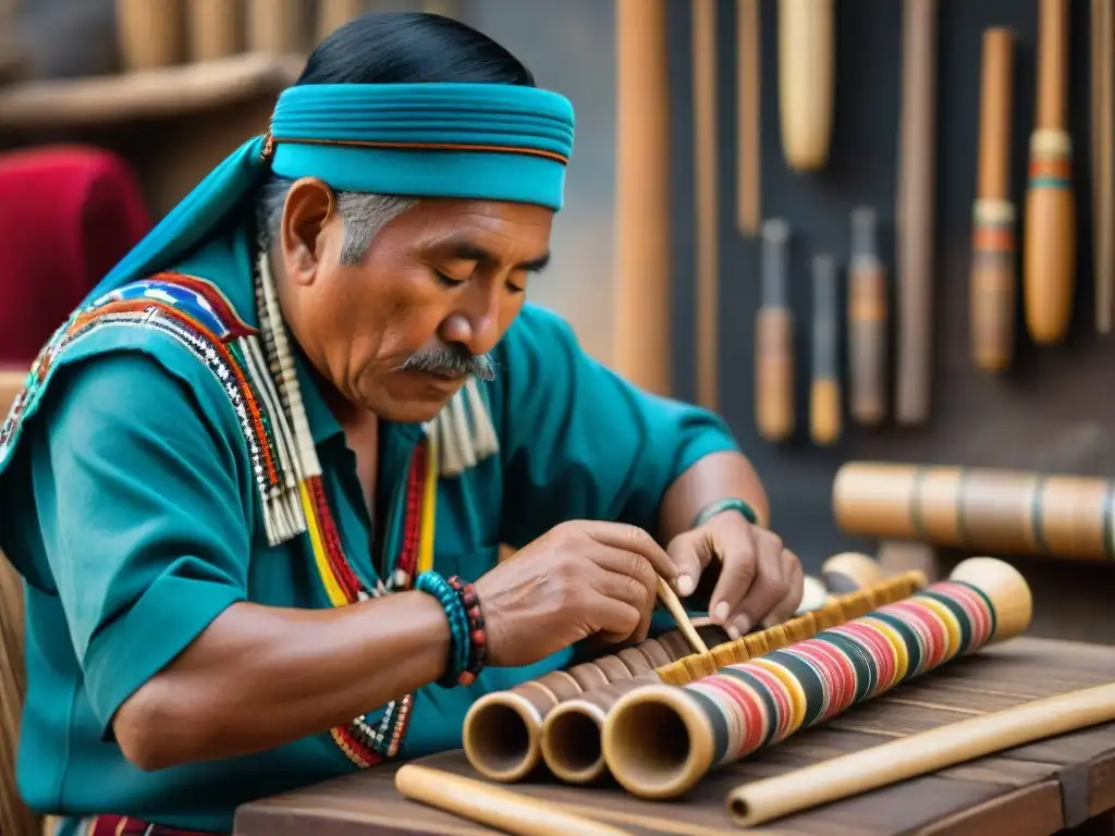 Un artesano hábil talla diseños en una Flauta de Pan andina, destacando la rica herencia cultural y artesanía de este instrumento significativo