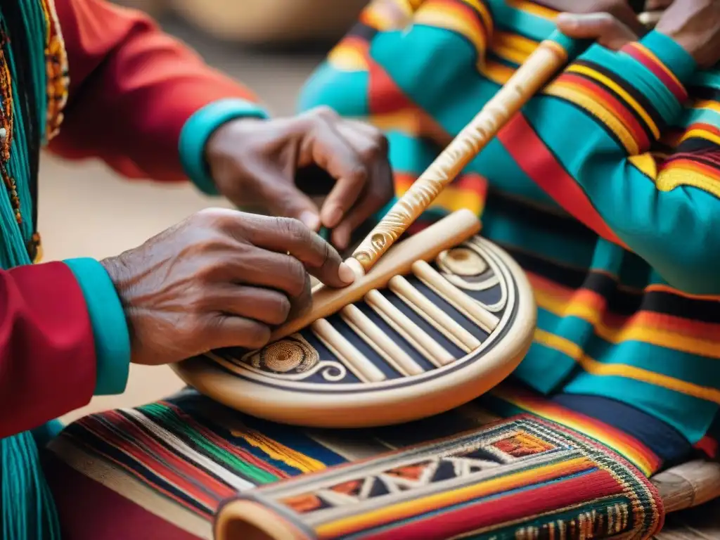 Un artesano detalladamente tallando diseños en una quena peruana, mostrando el significado cultural de instrumentos musicales precolombinos