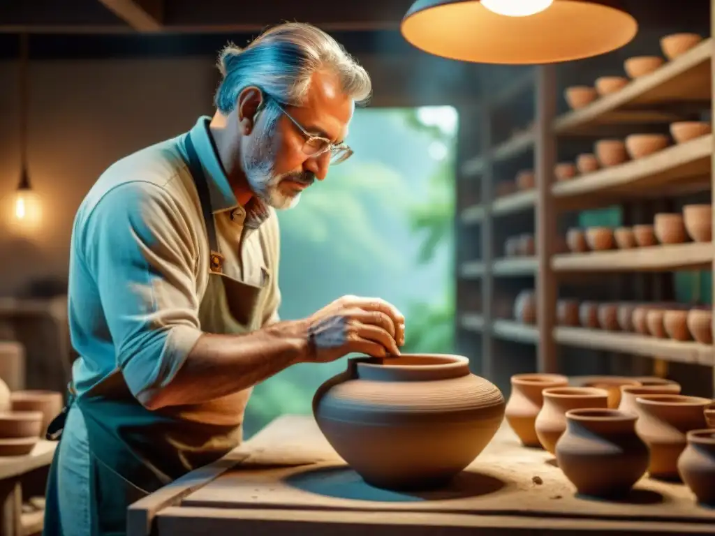 Artesano experto moldeando cerámica en taller tradicional, iluminado por el horno