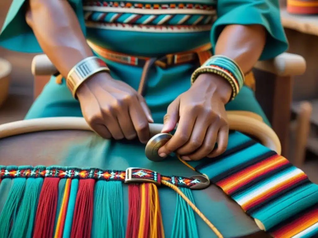 Un artesano experto teje un cinturón navajo, resaltando colores y patrones tradicionales