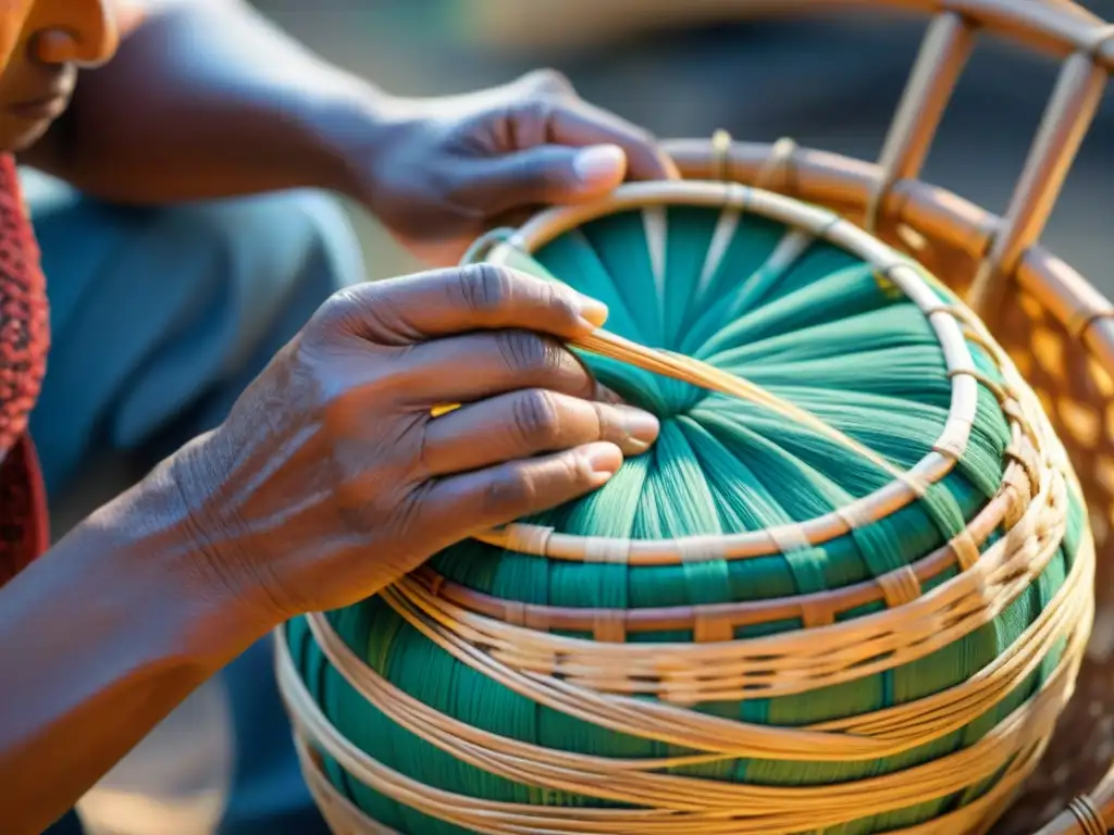 Un artesano experto teje con destreza cestas tradicionales usando técnicas indígenas originarias