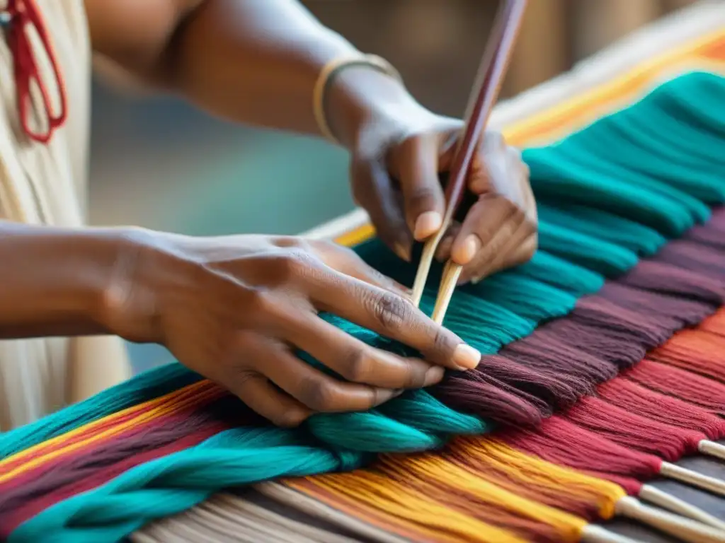 Un artesano experto tejiendo hilos coloridos en una tela indígena tradicional