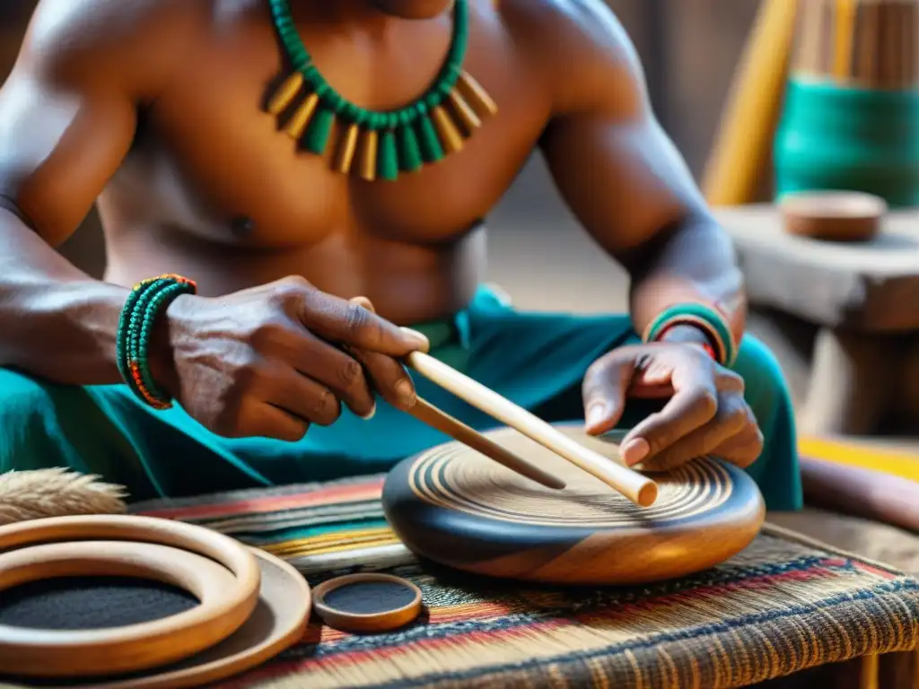 Un artesano experto elaborando un instrumento musical indígena precolombino, rodeado de herramientas y materiales