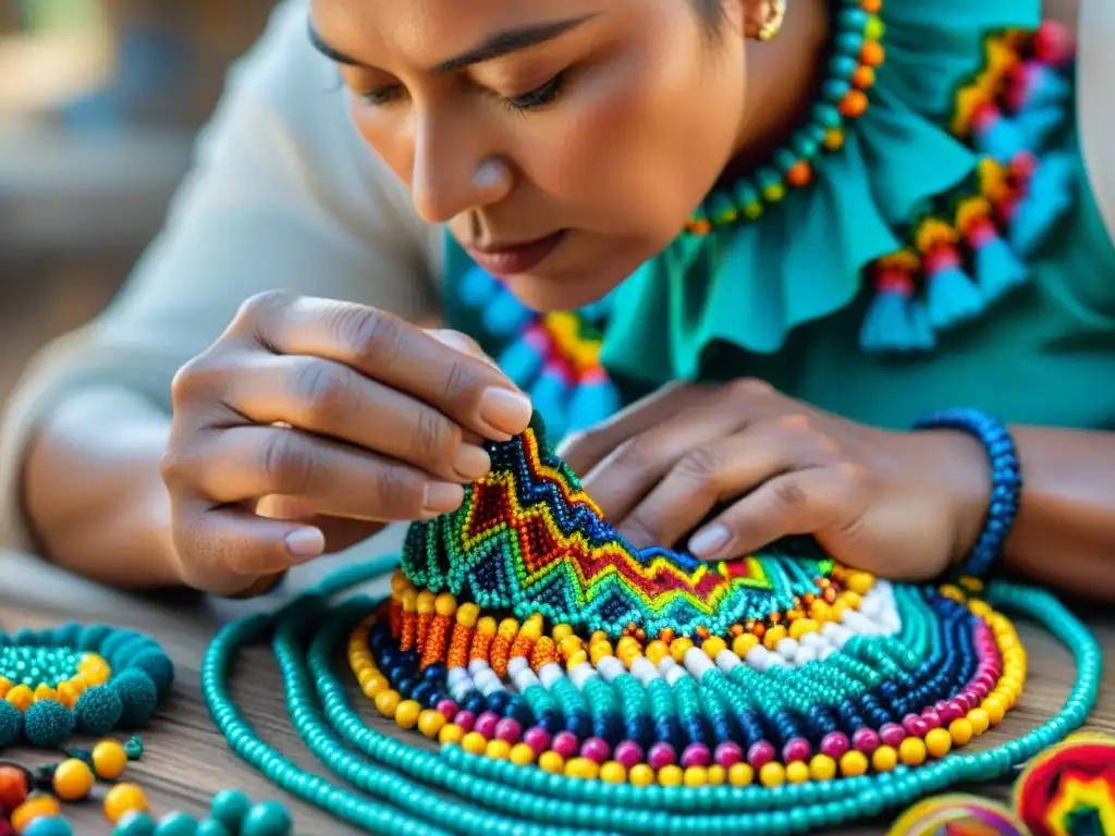 Un artesano Huichol ensartando cuentas en un collar: historia y tradición de los collares huicholes