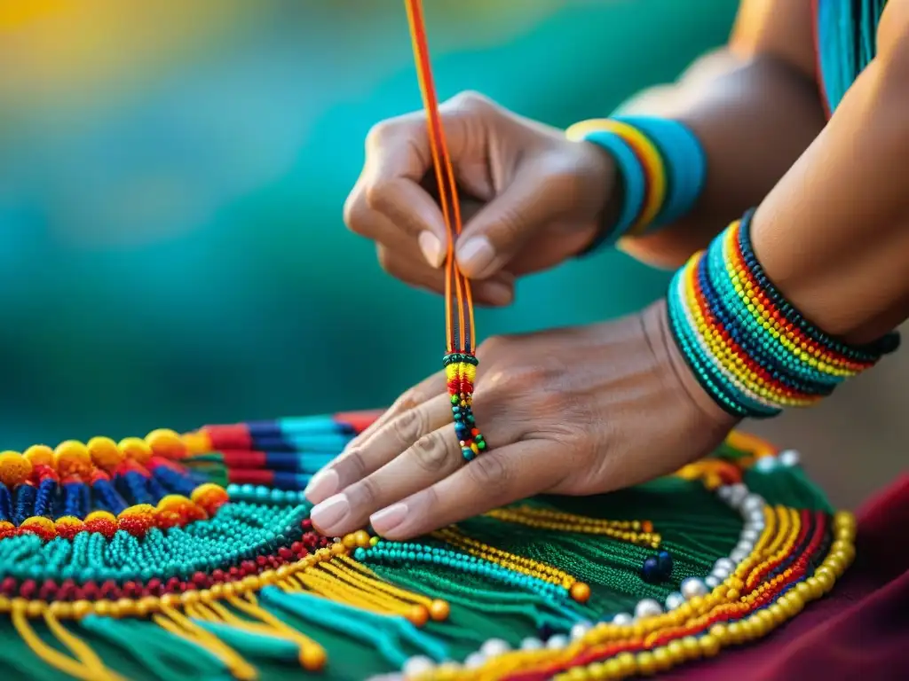 Artesano huichol ensartando cuentas coloridas: dedicación y tradición en Collares huicholes: historia y significado