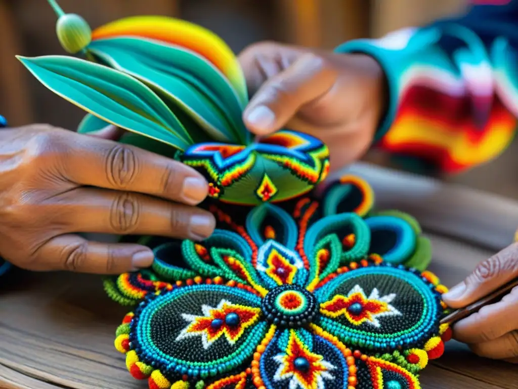 Artesano Huichol aplica cuidadosamente cuentas coloridas a escultura de peyote, resaltando rituales sagrados Huicholes peyote