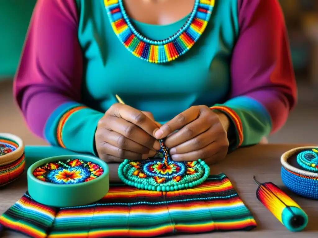 Un artesano Huichol ensartando cuentas multicolores en un collar