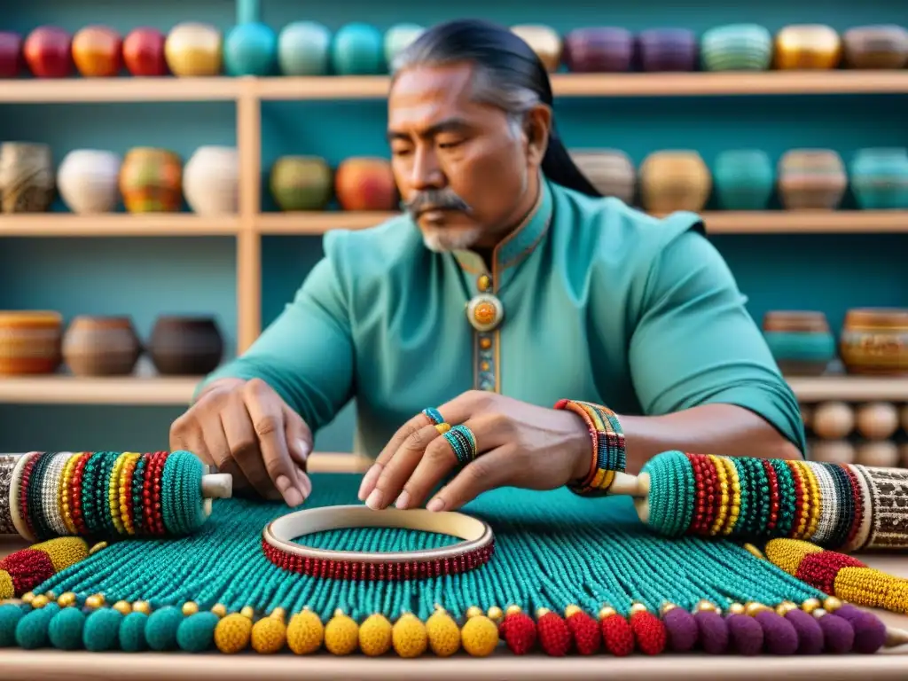 Artesano indígena crea accesorios con cuentas coloridas en un mercado bullicioso