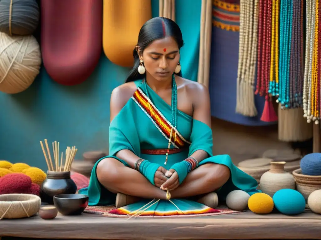 Hábil artesano indígena tejiendo accesorios tradicionales rodeado de colores vibrantes y piedras decoradas