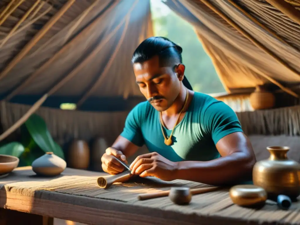 Un artesano indígena de Mesoamérica crea un aerófono tradicional con herramientas locales
