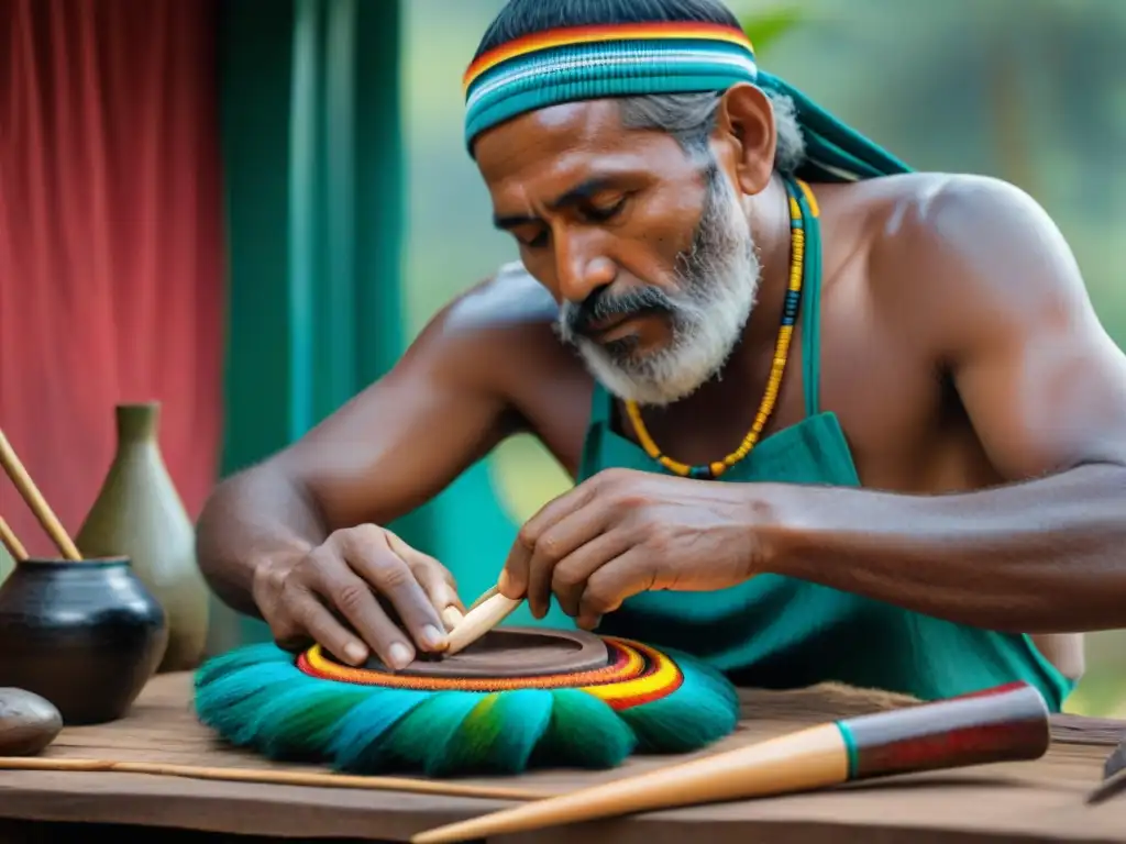 Artesano indígena creando un Ajayu, un instrumento de viento ancestral, entre herramientas tradicionales y la naturaleza vibrante