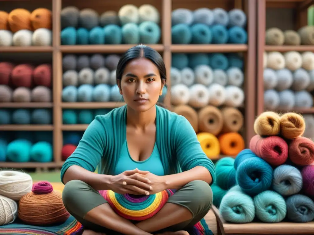 Un artesano indígena teje con alma textiles indígenas en un telar de madera rodeado de hilos coloridos