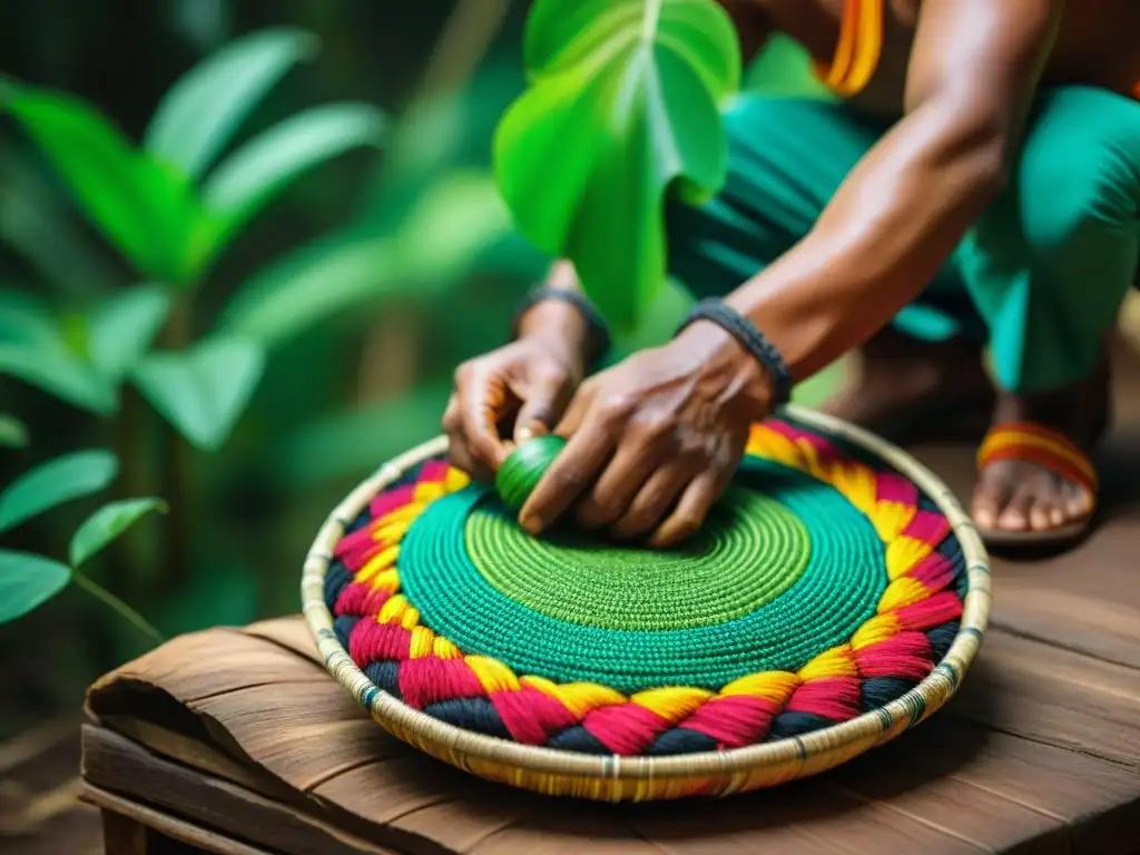 Hábil artesano indígena del Amazonas tejiendo una cesta con fibras coloridas