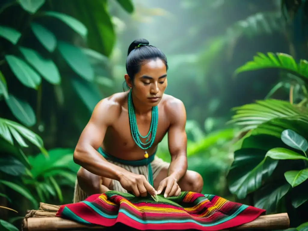 Un artesano indígena del Amazonas creando textiles con técnicas ancestrales, rodeado de naturaleza exuberante