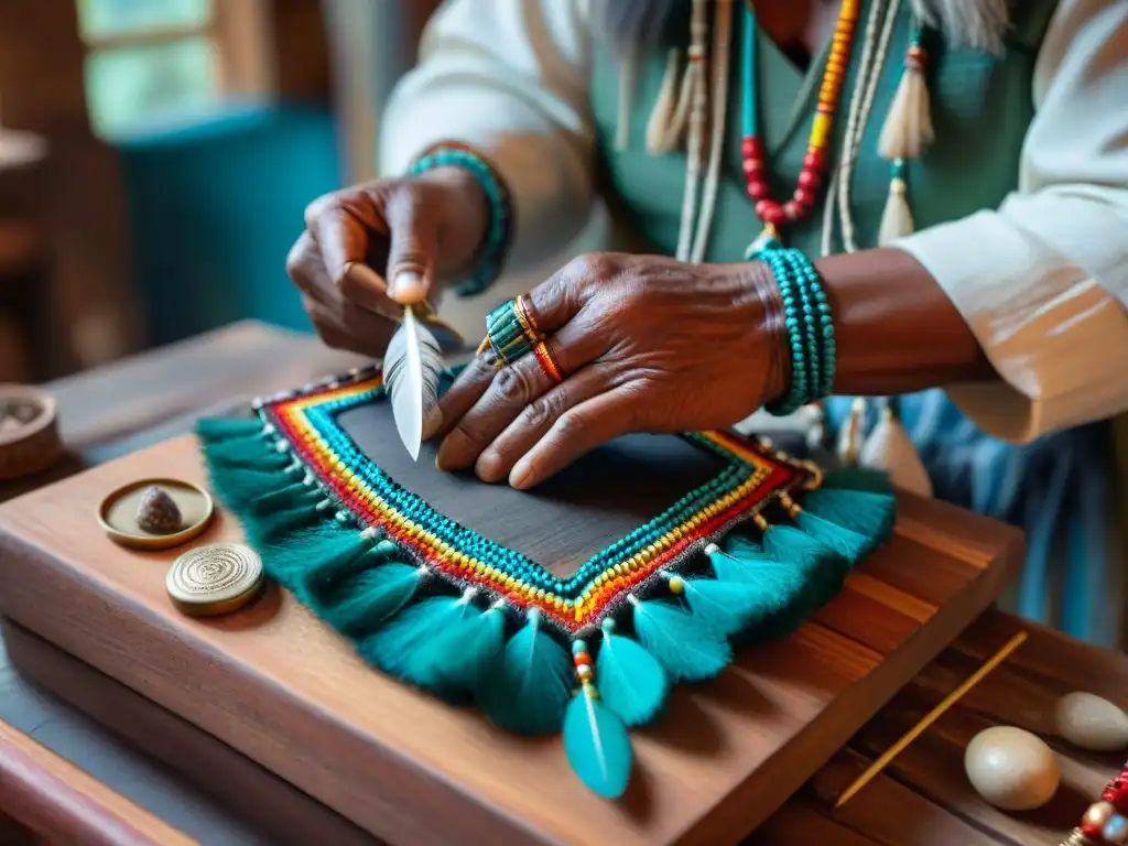 Artesano indígena elaborando amuleto protector con hilos y plumas, en taller rústico