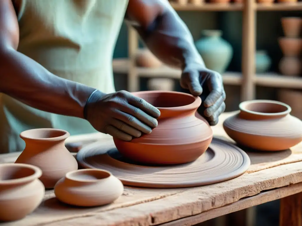 Un artesano indígena moldea arcilla en mesa rústica, rodeado de herramientas tradicionales de alfarería