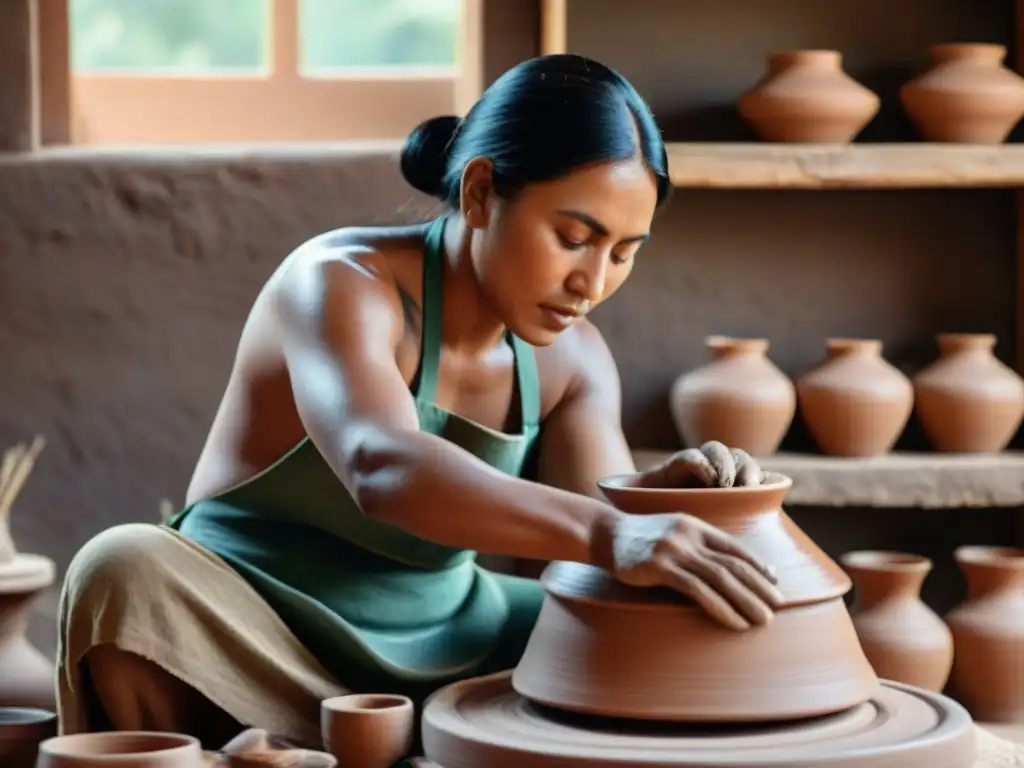 Hábil artesano indígena moldeando arcilla en rueda de alfarería tradicional en América, creando pieza detallada