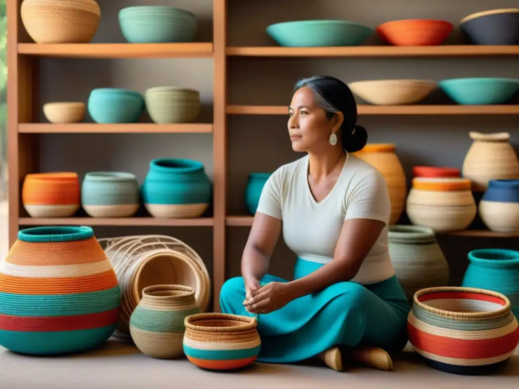 Un artesano indígena crea arte en cestería contemporánea rodeado de coloridas y detalladas canastas tejidas a mano