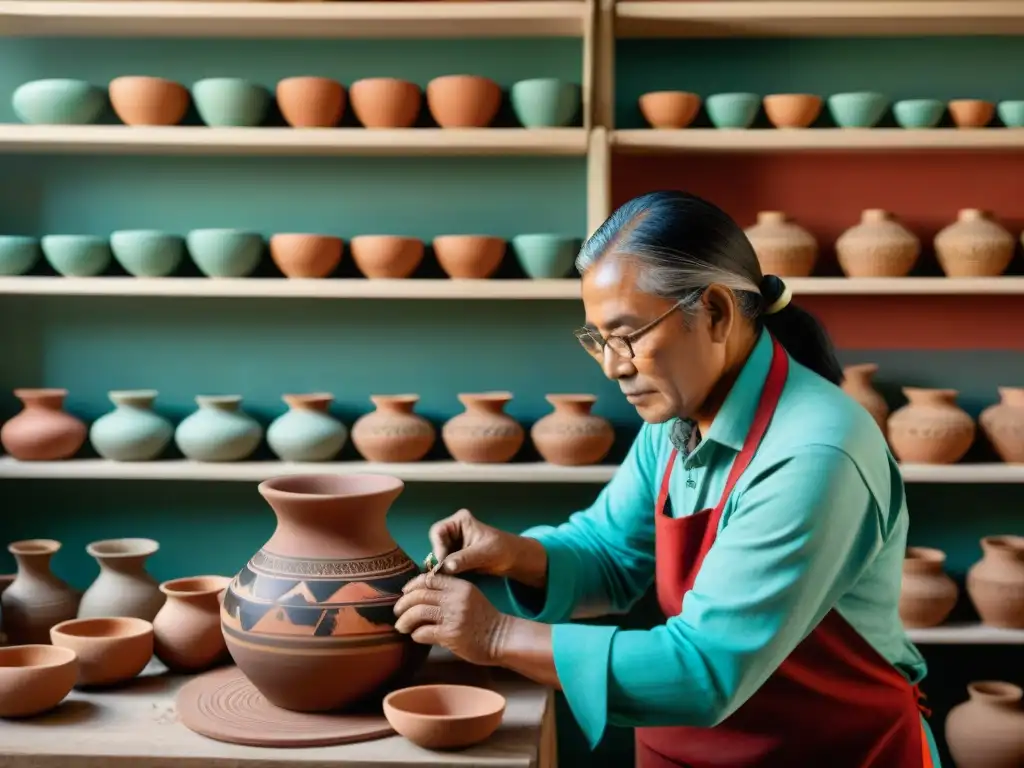 Artesano indígena creando artesanías responsables, conectando historias y tradiciones en su taller soleado