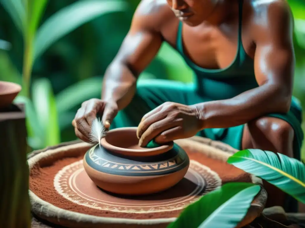 Artesano indígena creando cerámica en la selva amazónica, rodeado de naturaleza exuberante