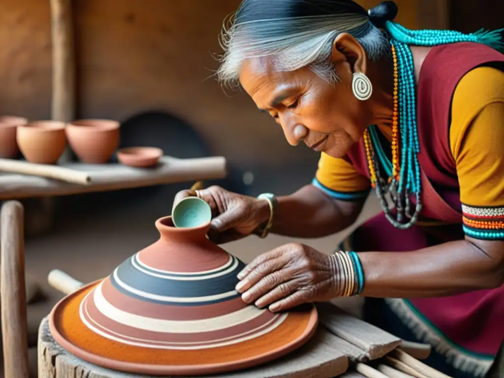 Artesano indígena moldeando cerámica en taller colorido, reflejo de tradición y educación