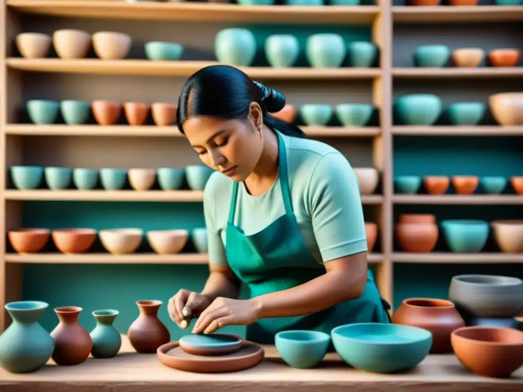 Artesano indígena creando cerámica tradicional con precisión