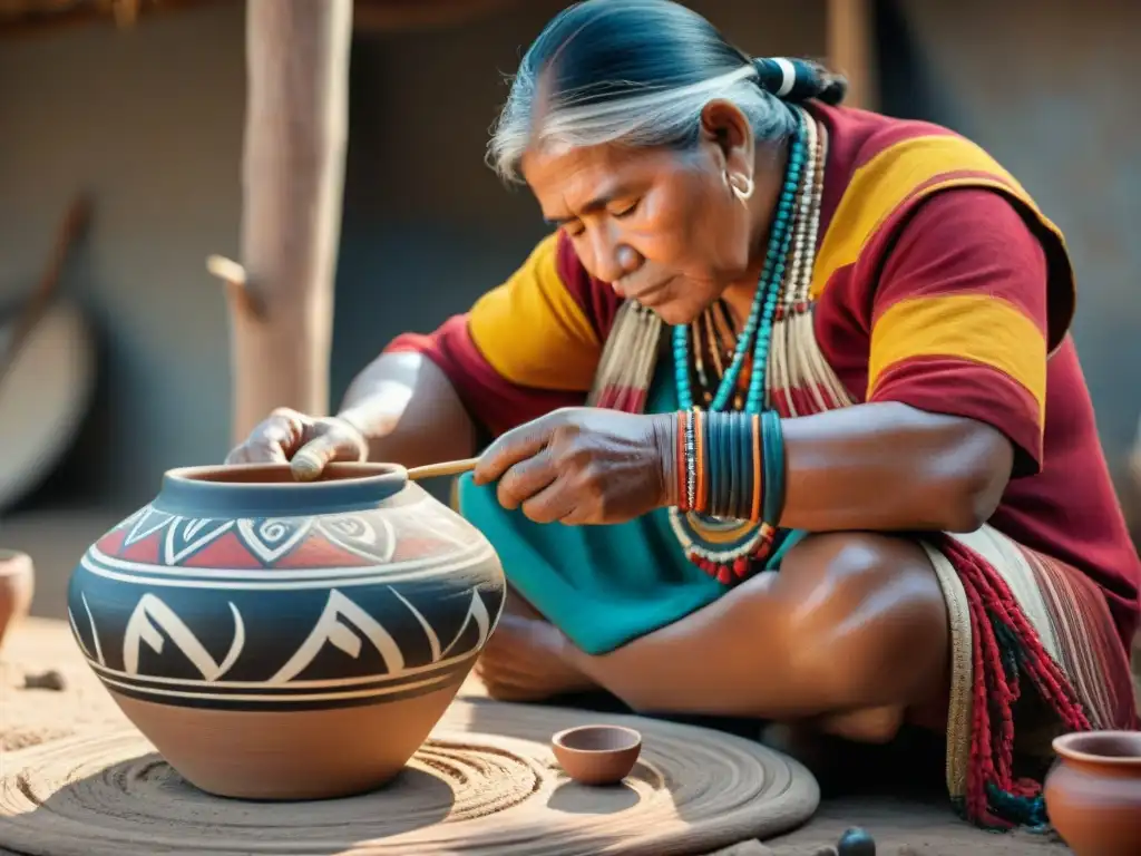 Artesano indígena modelando cerámica tradicional con destreza y sabiduría ancestral, rodeado de colores y texturas vibrantes