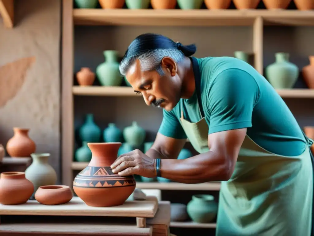 Artesano indígena moldeando cerámica tradicional en taller rústico