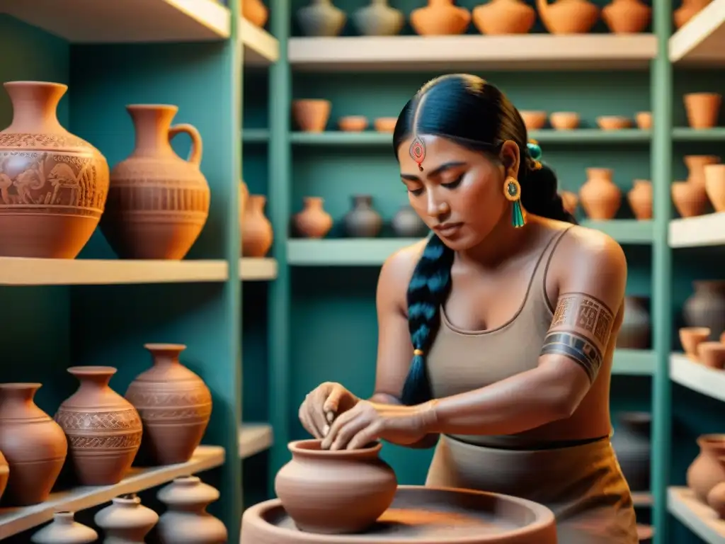 Hábil artesano indígena moldea cerámica tradicional, rodeado de alfarería finamente elaborada