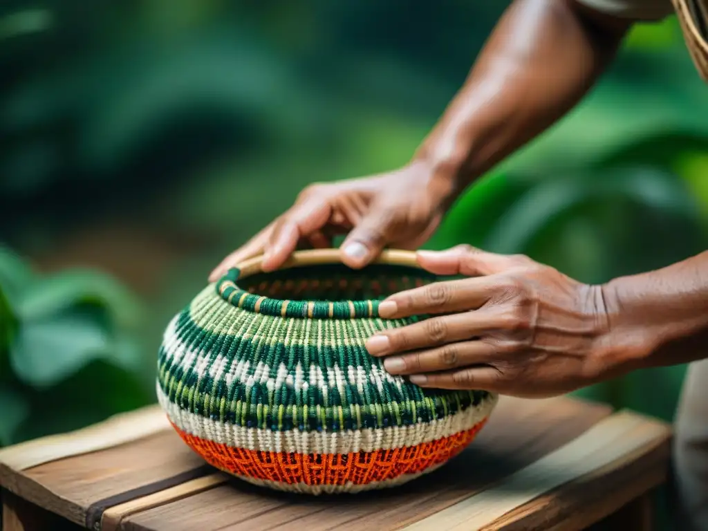 Artesano indígena tejiendo una cesta con fibras naturales en la selva amazónica, destacando la artesanía y la conexión con la naturaleza