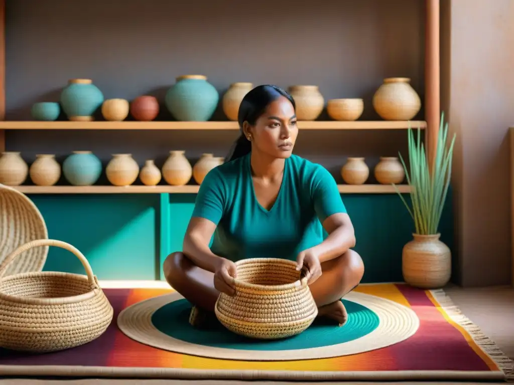 Un artesano indígena hábil tejiendo una cesta intrincada en una escena llena de colores y texturas