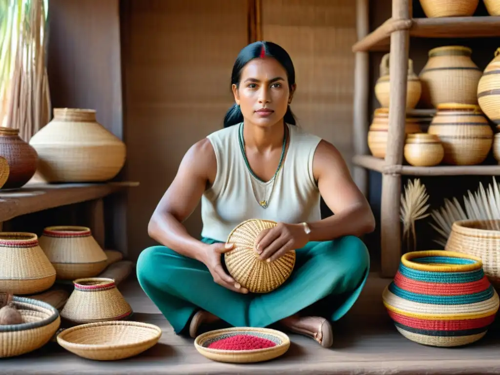 Artesana indígena tejiendo cestas tradicionales con maestría Artesano indígena teje cesta rodeado de hojas secas, reflejando la rica tradición del Arte cestería indígena reconocer