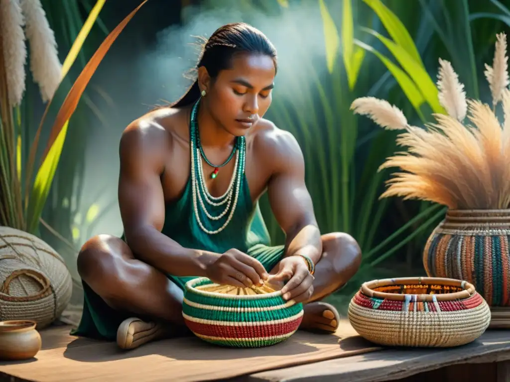Artesano indígena tejiendo cesto tradicional con destreza Artesano indígena tejiendo una cesta tradicional con materiales naturales