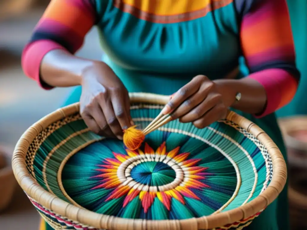 Artesano indígena tejiendo cestas con significado, patrones y colores vibrantes en su taller lleno de historia y tradición