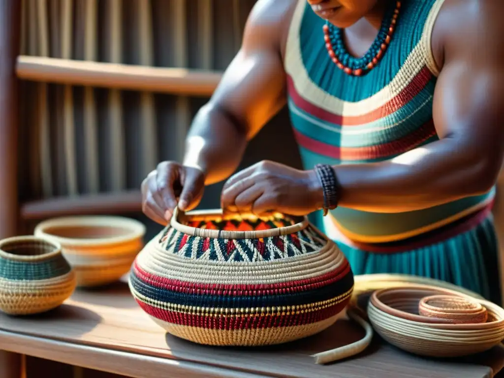 Artesana indígena tejiendo cestas tradicionales con maestría Un artesano indígena tejiendo cestas tradicionales con fibras naturales, resaltando la riqueza del Arte cestería indígena reconocer