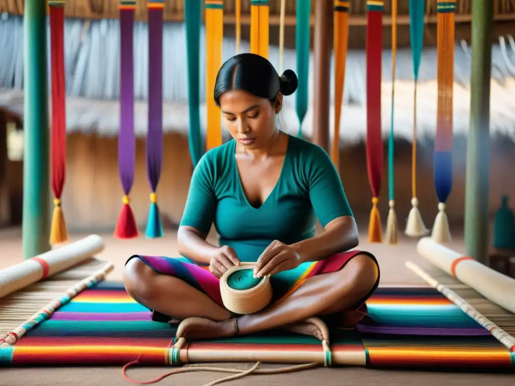 Un artesano indígena tejiendo en telar de cintura, rodeado de colores vibrantes y luz natural