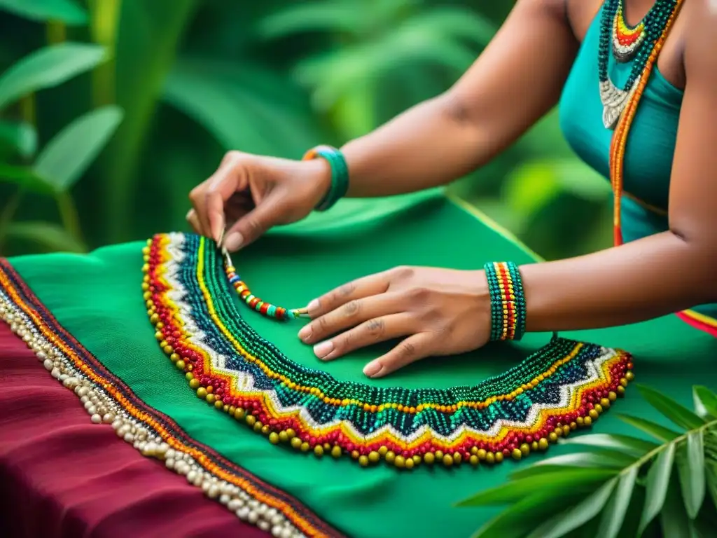 Un artesano indígena elaborando un collar de cuentas vibrante, mostrando la influencia de accesorios amazónicos en moda