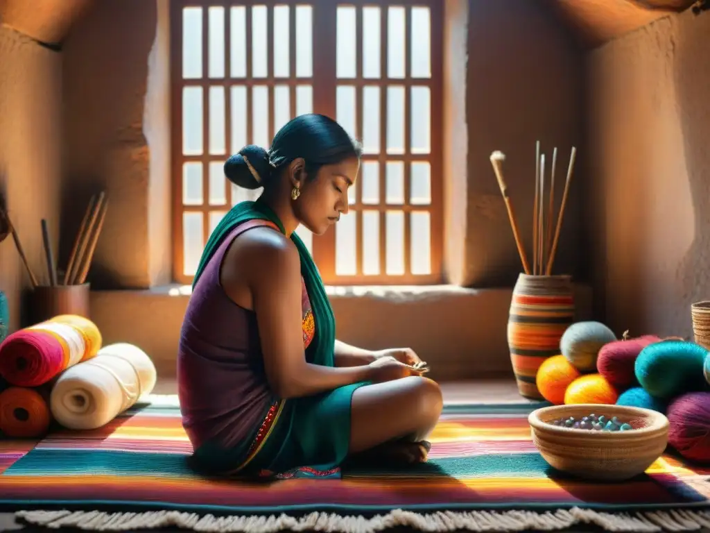 Un artesano indígena teje una colorida artesanía en su taller, rodeado de hilos y herramientas tradicionales