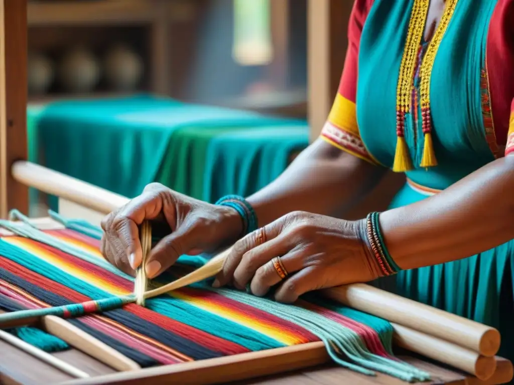 Artesana indígena tejiendo colorida obra maestra ancestral Un artesano indígena tejiendo una colorida pieza textil en un telar de madera rústico, mostrando su habilidad y herencia cultural