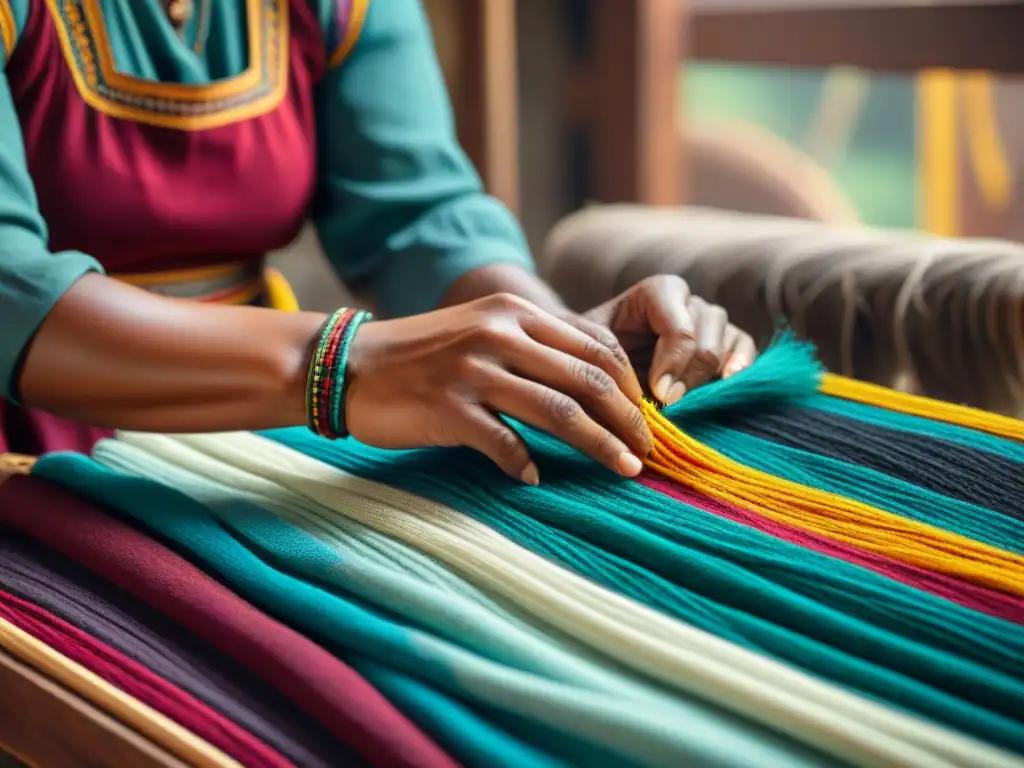 Artesano indígena tejiendo una colorida tela en su taller, destacando la Alianza turismo derechos indígenas