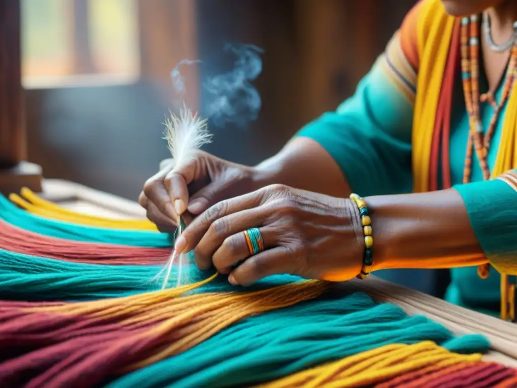 Arte indígena: manos expertas tejiendo tradición Un artesano indígena tejiendo con cuidado en un taller vivencial de artesanías indígenas