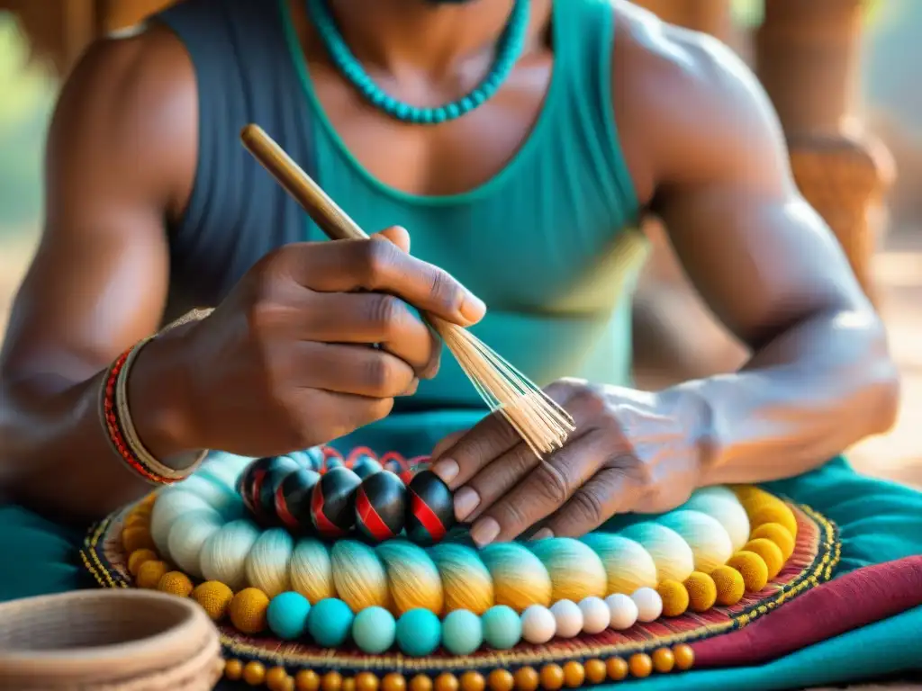 Un artesano indígena tejiendo con destreza accesorios tradicionales en su taller, rodeado de coloridas cuentas y piedras