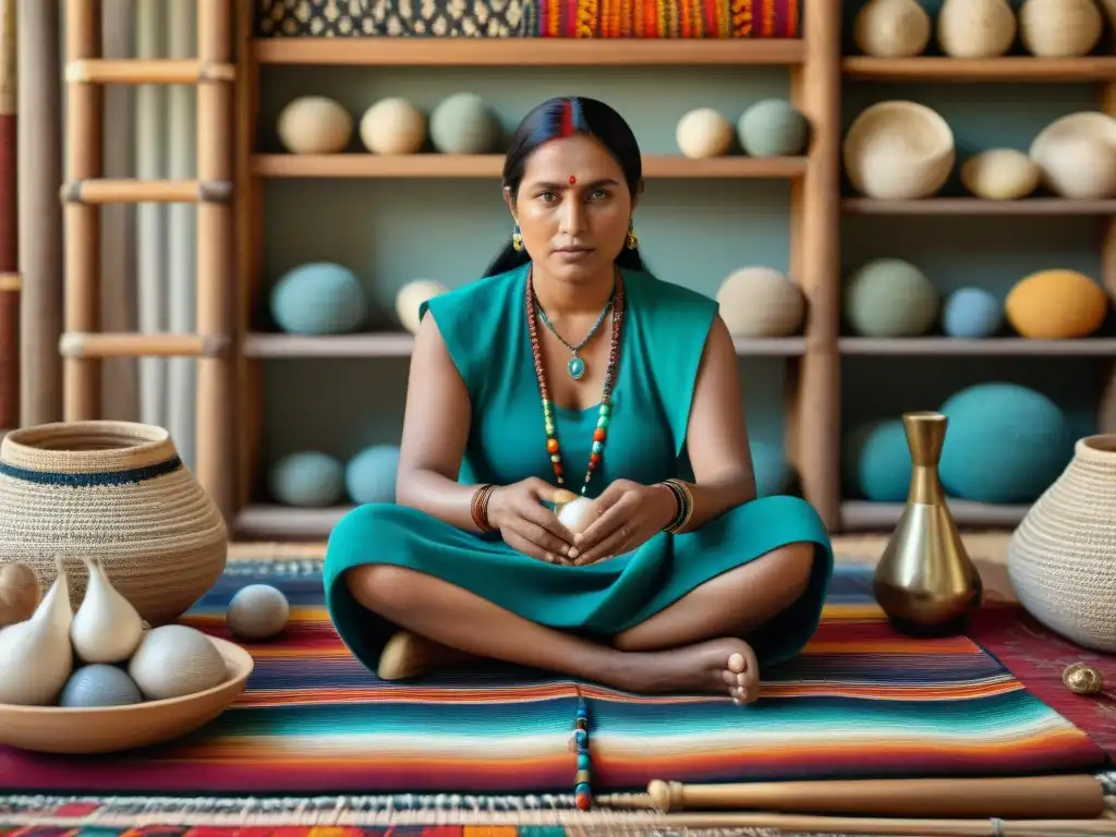 Un artesano indígena crea con destreza accesorios tradicionales rodeado de coloridas cuentas y plumas